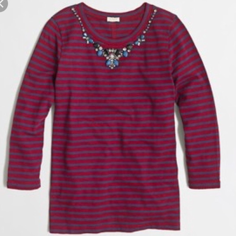 NWT J Crew 3/4 Sleeve Jeweled Striped Tee Large